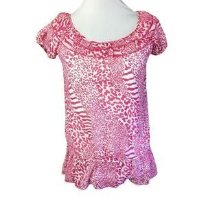 Tempted Blouse Pink White Animal Print Ruffled Layered Scoop Neck Large Girls